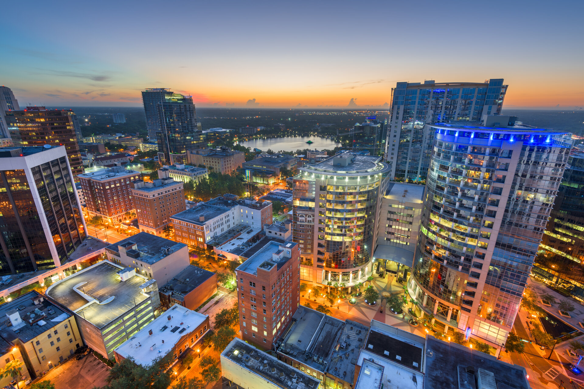 Downtown Orlando skyline at sunset